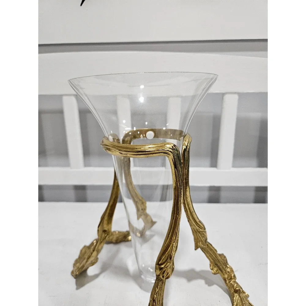 Vtg Bombay Co. Floating Glass Vase w/Ornate Gold Leaf Metal Stand 11